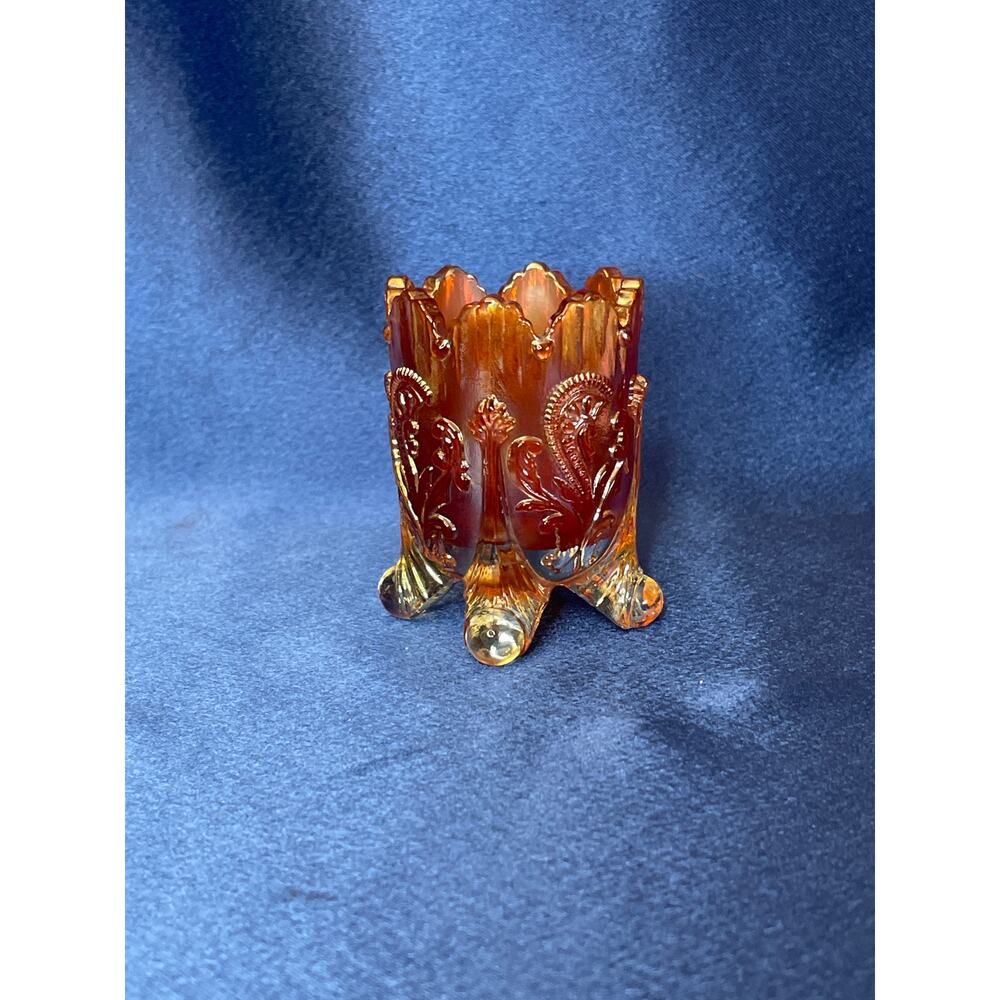 Vintage Carnival Glass Marigold Fan and Feather Footed Toothpick Holder